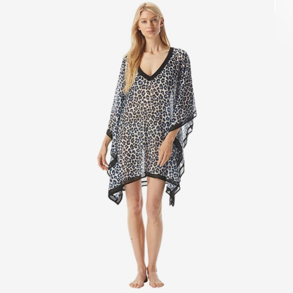 MICHAEL KORS Leopard Cheetah Caftan Cover-Up Beach Tunic Dress Crew Blue Sz XL